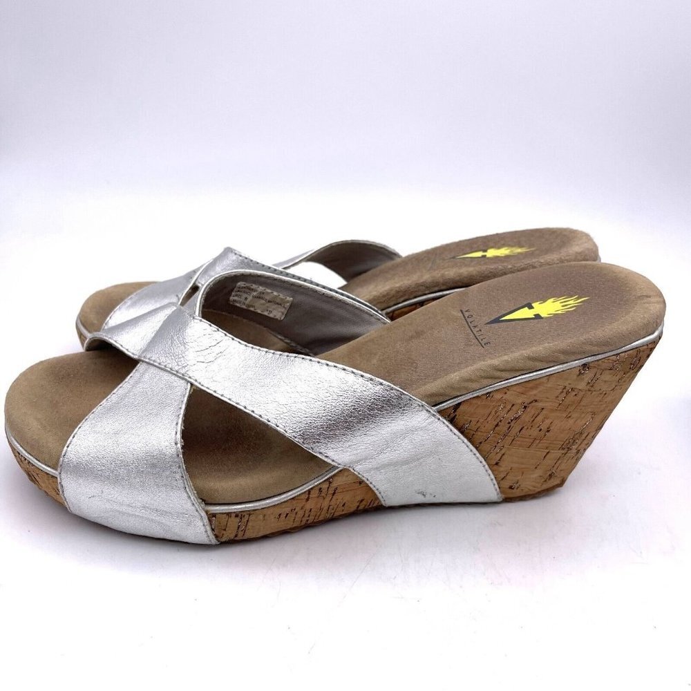 Volatile Open Toe Cork Wedge Heel Slide Sandal Women Size 8 Silver Tone Leather